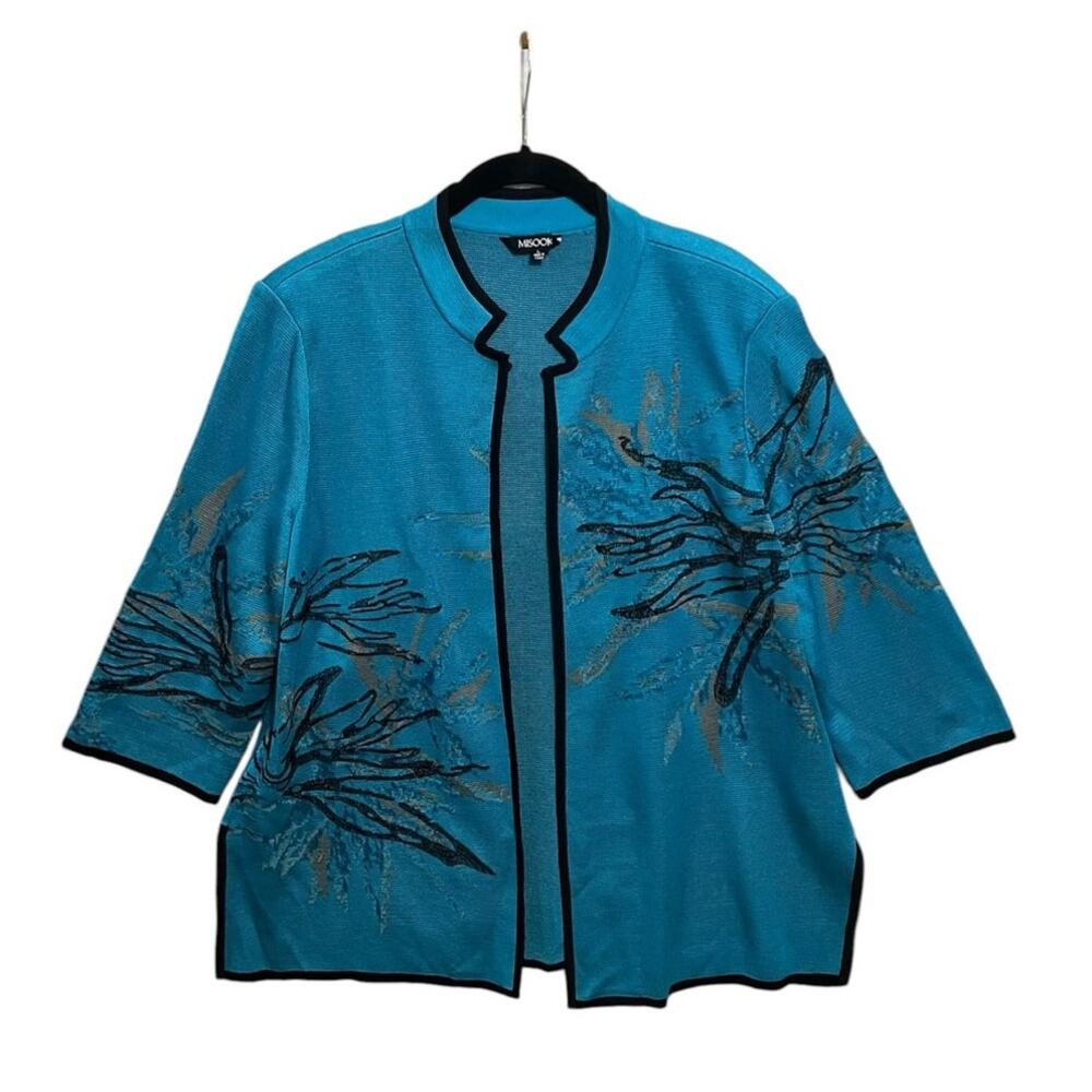 Quiet Luxury Misook Blue Embroidered Knit 3/4 Sleeve Career Jacket Sz L